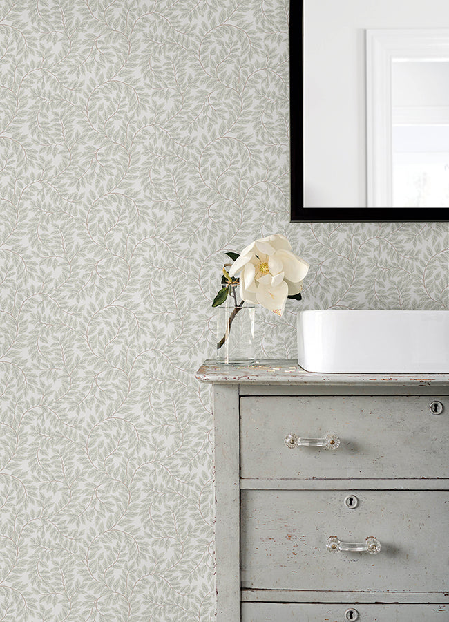 Lindlöv Light Grey Leafy Vines Wallpaper - Brewster Wallcovering