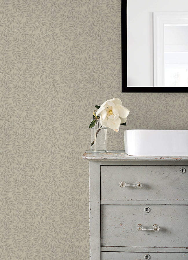 Lindlöv Taupe Leafy Vines Wallpaper - Brewster Wallcovering