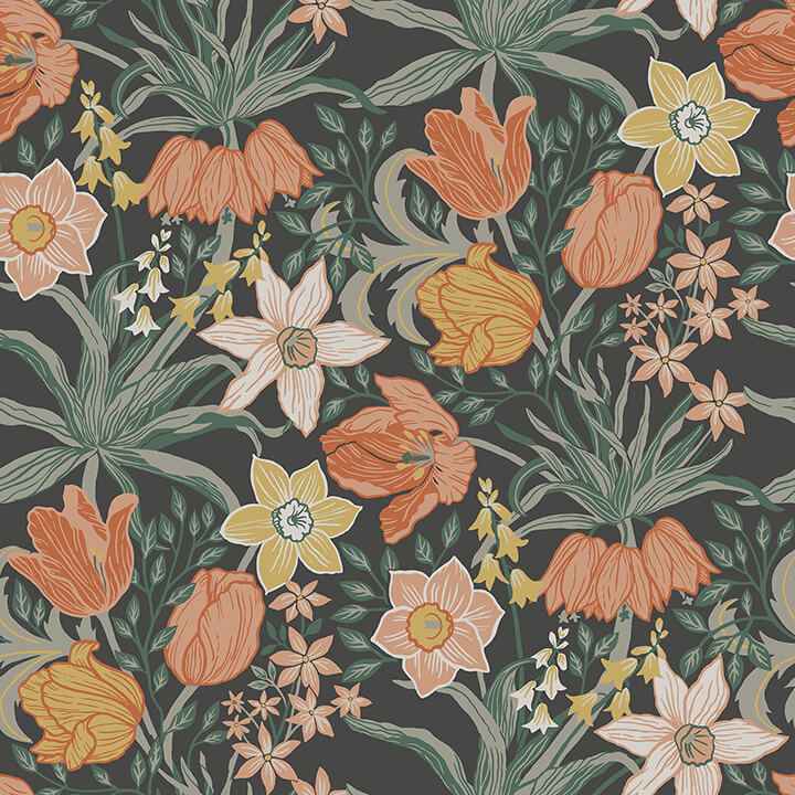 Cecilia Black Tulip and Daffodil Wallpaper - York Wallcoverings - 4143-34031