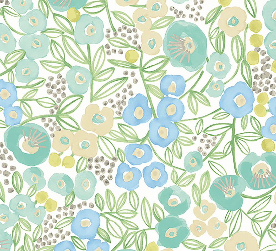 Flora Teal Garden Wallpaper - Brewster Wallcovering