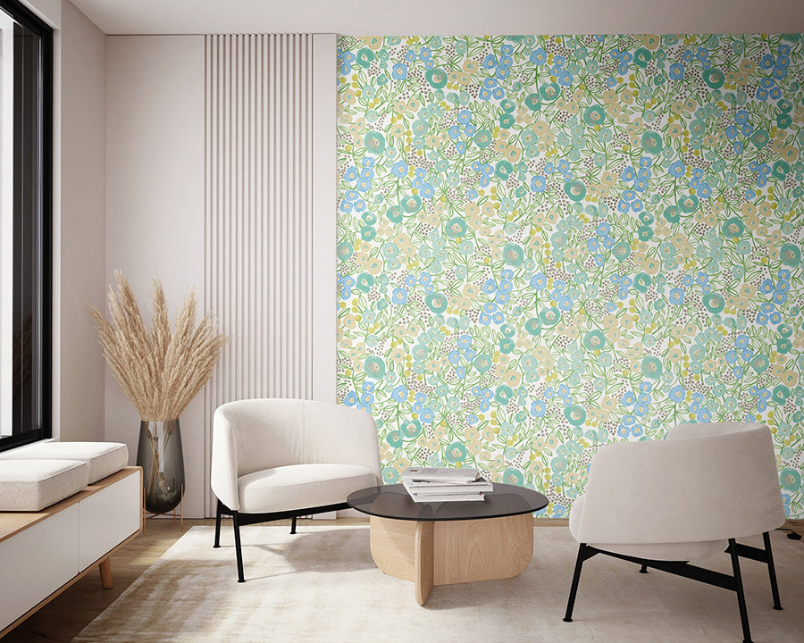 Flora Teal Garden Wallpaper - Brewster Wallcovering