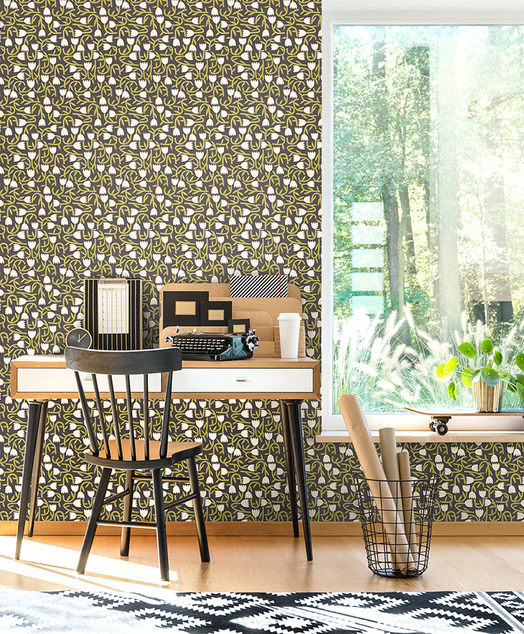 Aino Black Tiny Tulip Wallpaper - Brewster Wallcovering