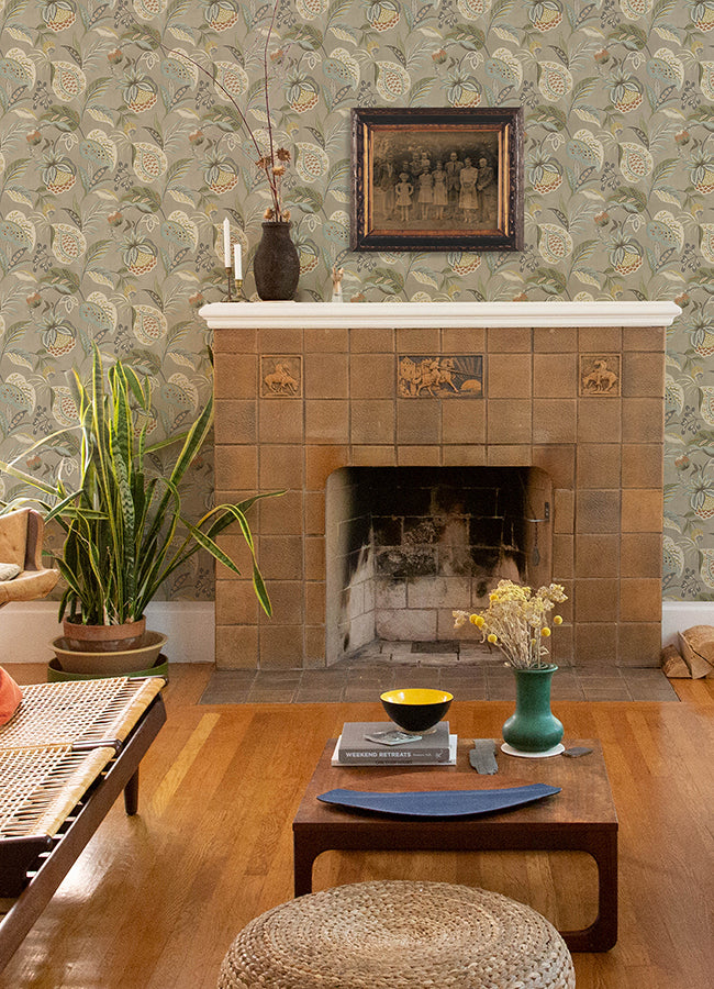 Bohemian Taupe Jacobean Wallpaper  | Brewster Wallcovering - The WorkRm