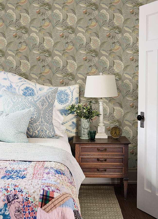 Bohemian Taupe Jacobean Wallpaper  | Brewster Wallcovering - The WorkRm