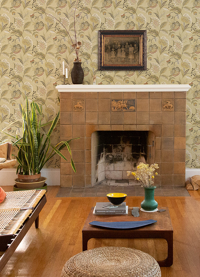 Bohemian Mustard Jacobean Wallpaper - Brewster Wallcovering