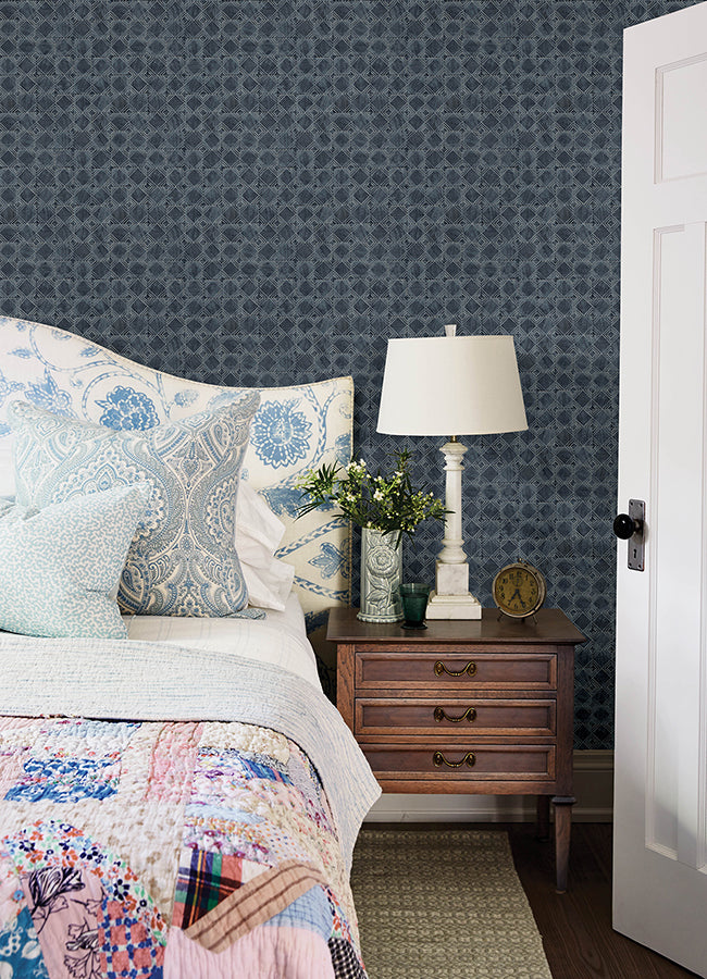 Button Block Navy Geometric Wallpaper  | Brewster Wallcovering - The WorkRm