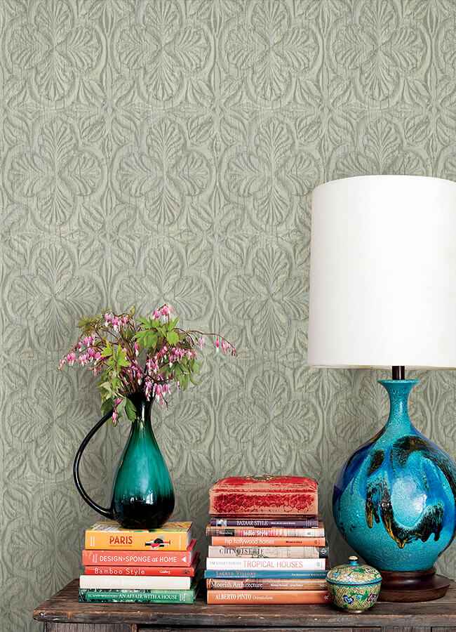 Karachi Light Blue Wooden Damask Wallpaper - York Wallcoverings - 3125-72332 - York Wallcoverings Wallpaper