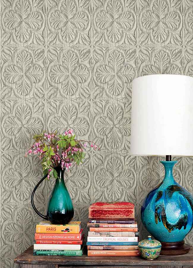 Karachi Taupe Wooden Damask Wallpaper - York Wallcoverings - 3125-72336 - York Wallcoverings Wallpaper