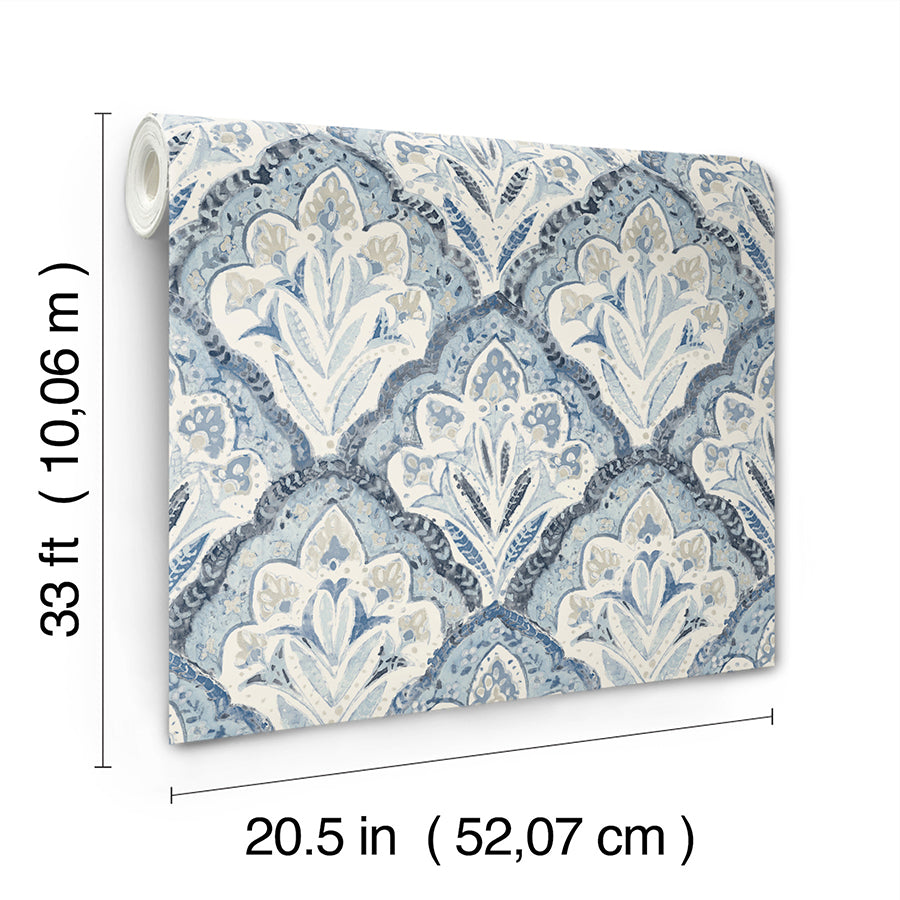 Mimir Blue Quilted Damask Wallpaper  | Brewster Wallcovering