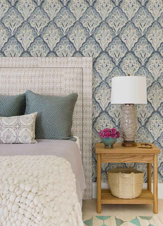 Mimir Blue Quilted Damask Wallpaper - York Wallcoverings - 3125-72337 - York Wallcoverings Wallpaper