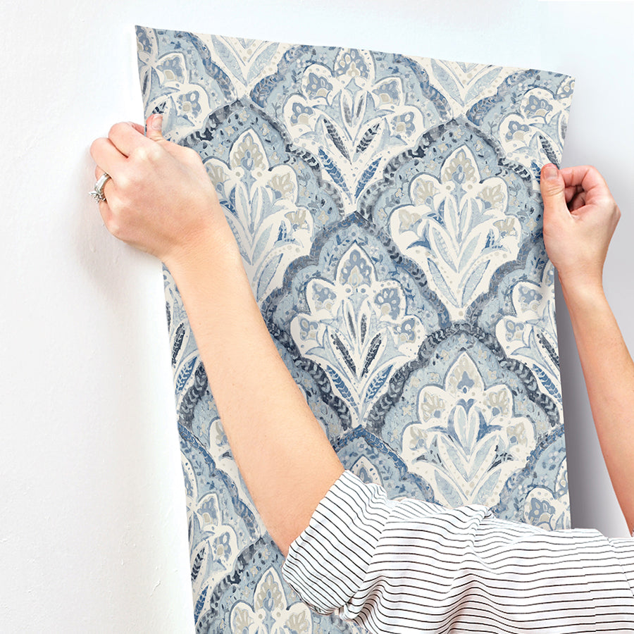 Mimir Blue Quilted Damask Wallpaper  | Brewster Wallcovering