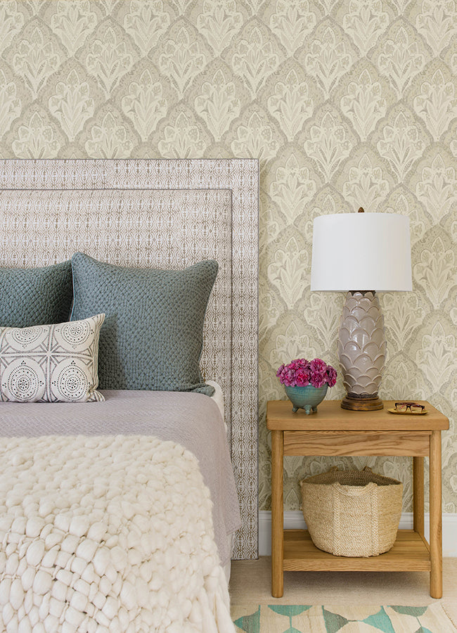 Mimir Dove Quilted Damask Wallpaper  | Brewster Wallcovering