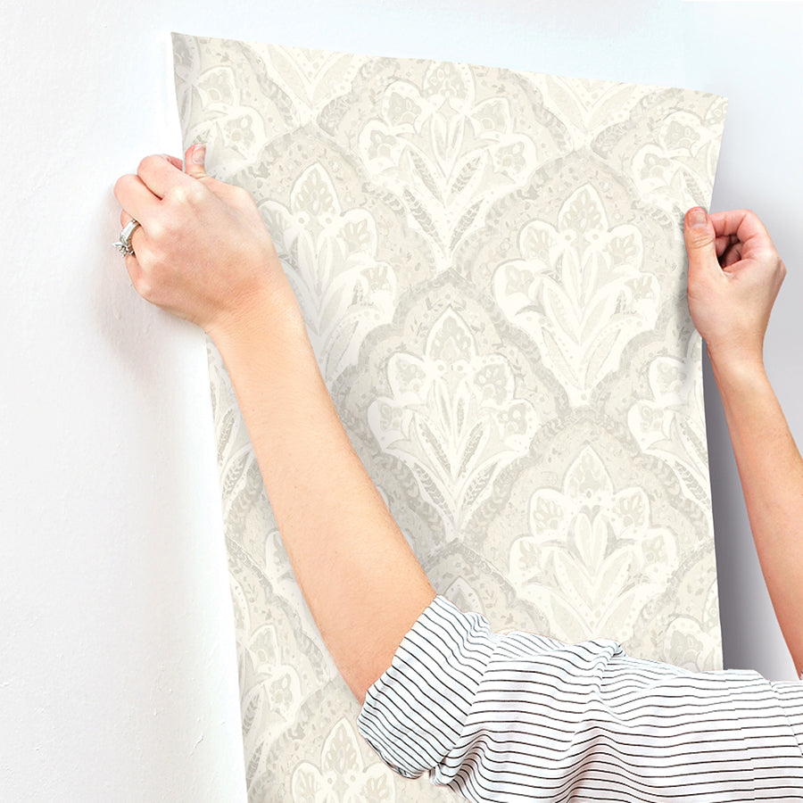 Mimir Dove Quilted Damask Wallpaper  | Brewster Wallcovering