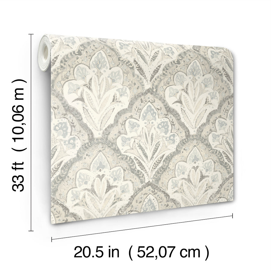 Mimir Grey Quilted Damask Wallpaper  | Brewster Wallcovering