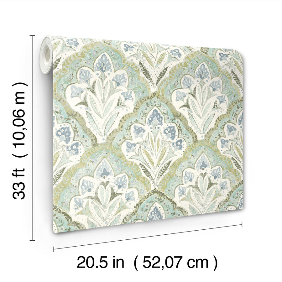 Mimir Aquamarine Quilted Damask Wallpaper  | Brewster Wallcovering