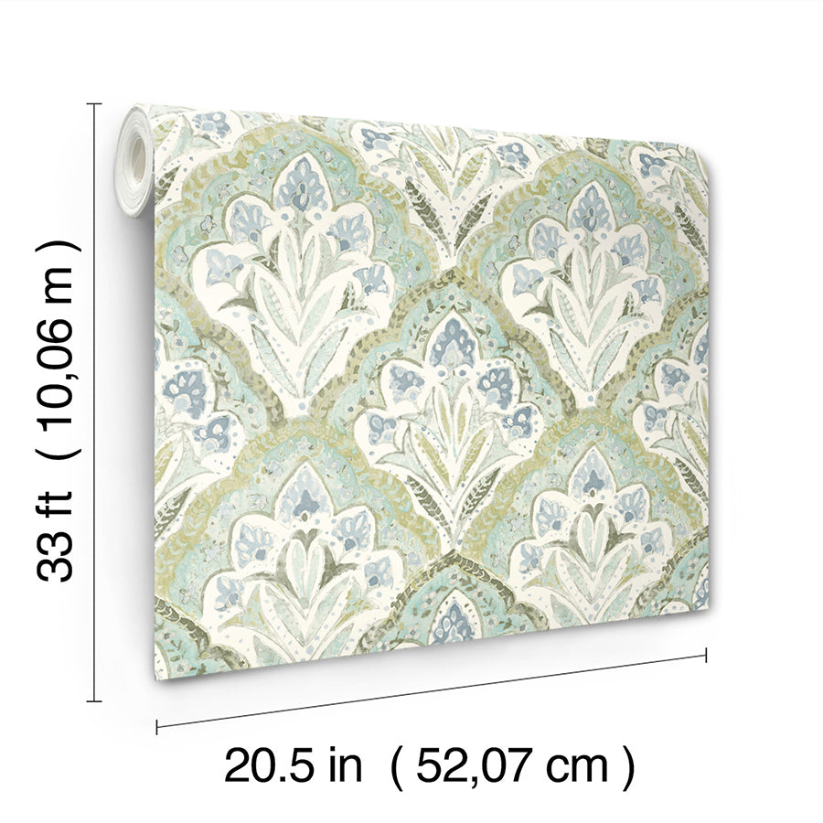 Mimir Aquamarine Quilted Damask Wallpaper - Brewster Wallcovering