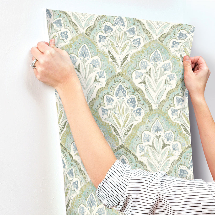 Mimir Aquamarine Quilted Damask Wallpaper  | Brewster Wallcovering