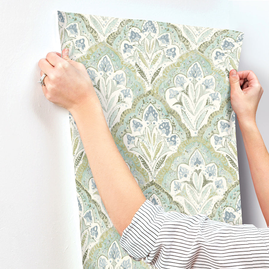 Mimir Aquamarine Quilted Damask Wallpaper - Brewster Wallcovering