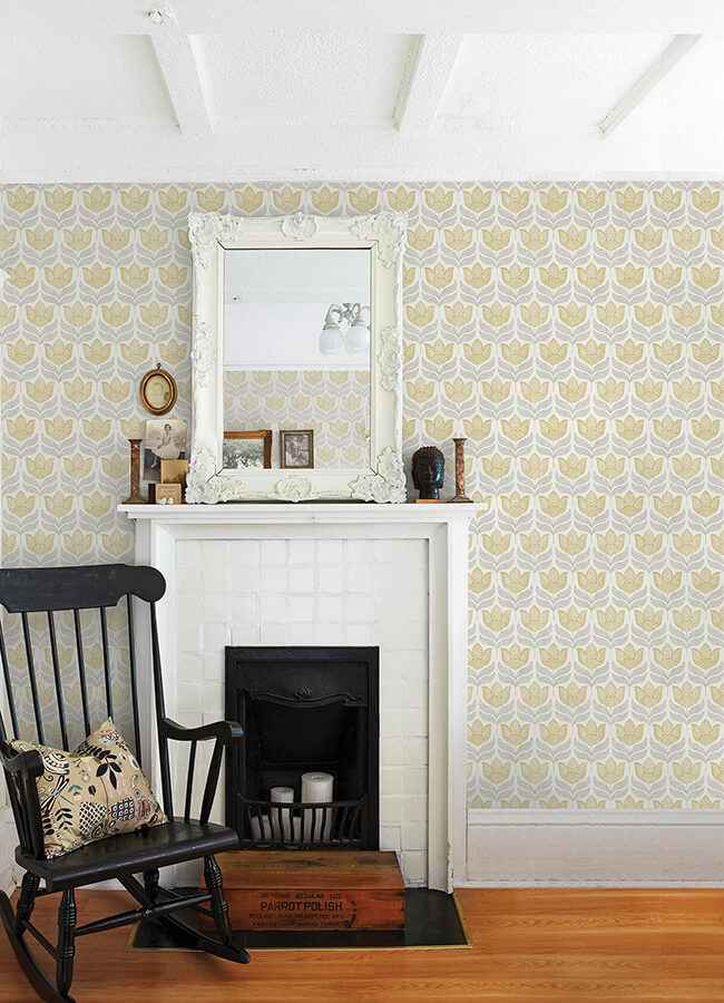 Cathal Mustard Tulip Block Print Wallpaper - York Wallcoverings - 3125-72342 - York Wallcoverings Wallpaper
