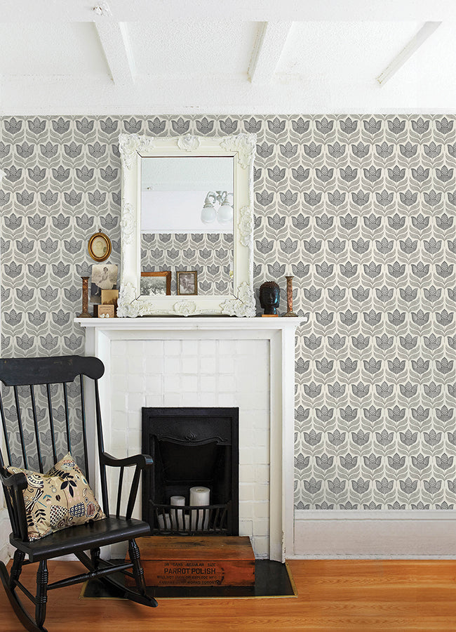 Cathal Charcoal Tulip Block Print Wallpaper  | Brewster Wallcovering - The WorkRm