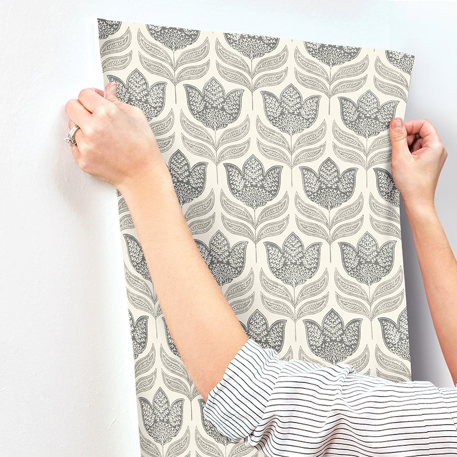 Cathal Charcoal Tulip Block Print Wallpaper  | Brewster Wallcovering - The WorkRm