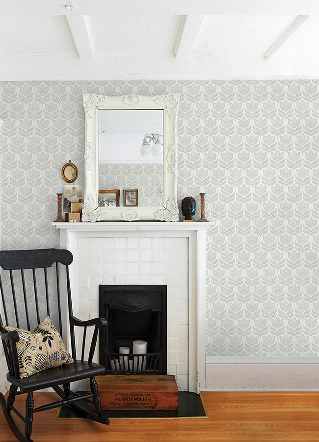 Cathal Aqua Tulip Block Print Wallpaper - Brewster Wallcovering