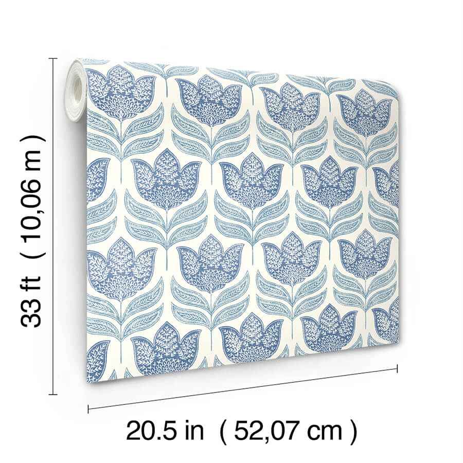 Cathal Blue Tulip Block Print Wallpaper - York Wallcoverings - 3125-72345 - York Wallcoverings Wallpaper