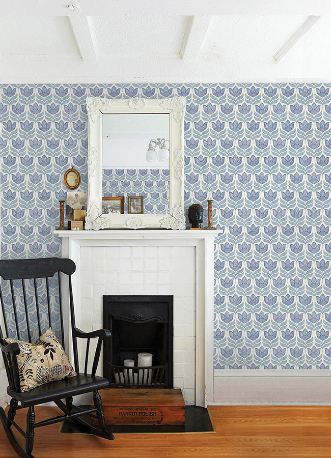 Cathal Blue Tulip Block Print Wallpaper  | Brewster Wallcovering - The WorkRm