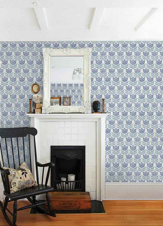 Cathal Blue Tulip Block Print Wallpaper - York Wallcoverings - 3125-72345 - York Wallcoverings Wallpaper