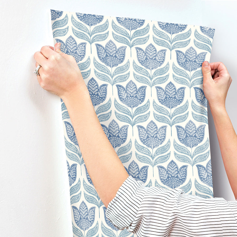 Cathal Blue Tulip Block Print Wallpaper  | Brewster Wallcovering - The WorkRm