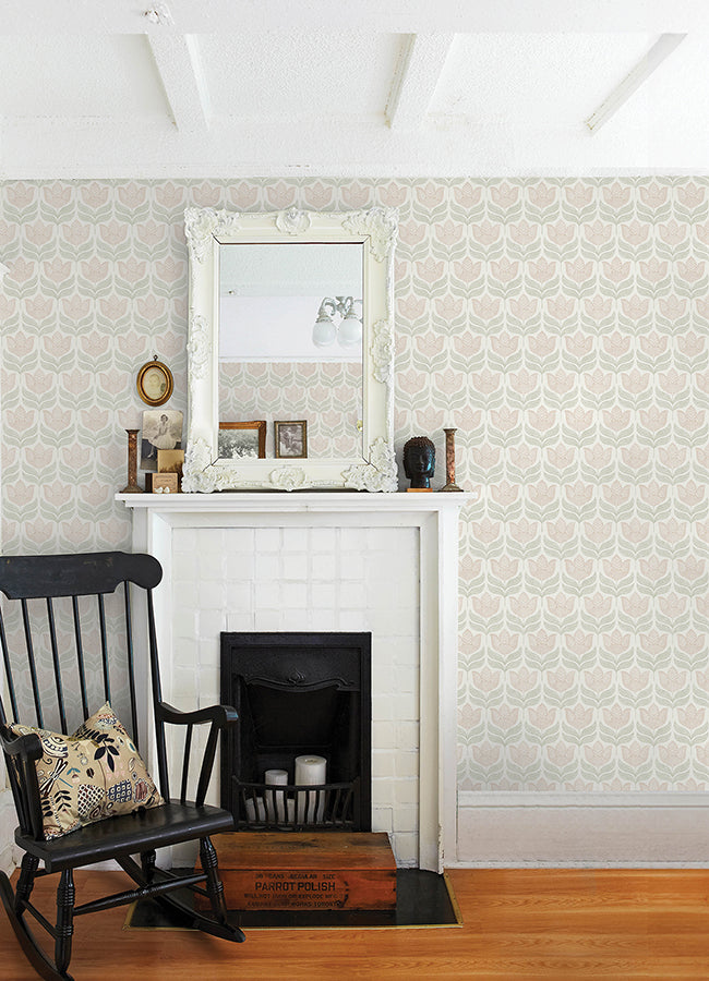 Cathal Blush Tulip Block Print Wallpaper - Brewster Wallcovering