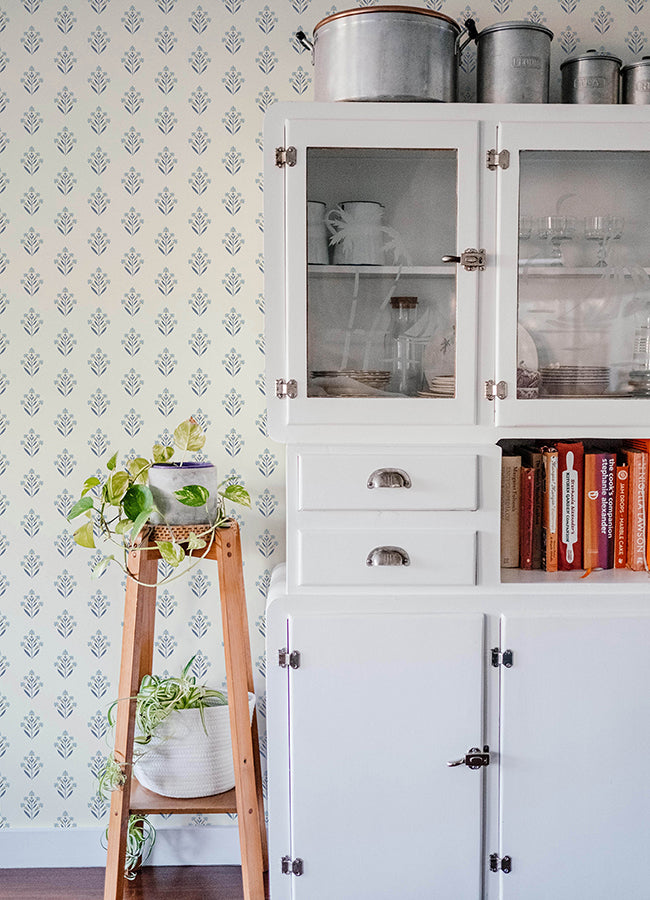 Kova Blue Floral Crest Wallpaper  | Brewster Wallcovering - The WorkRm