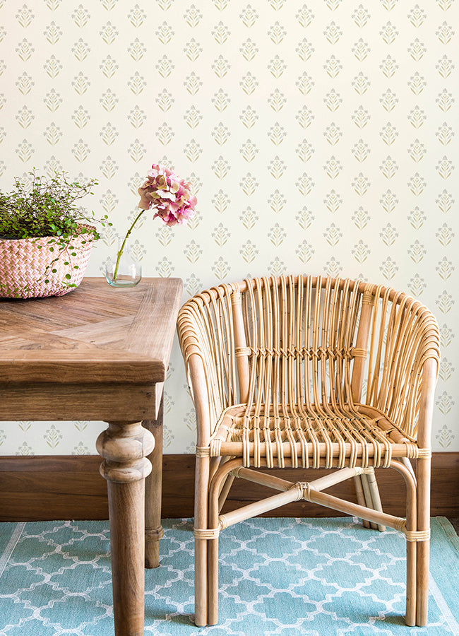 Kova Yellow Floral Crest Wallpaper - Brewster Wallcovering