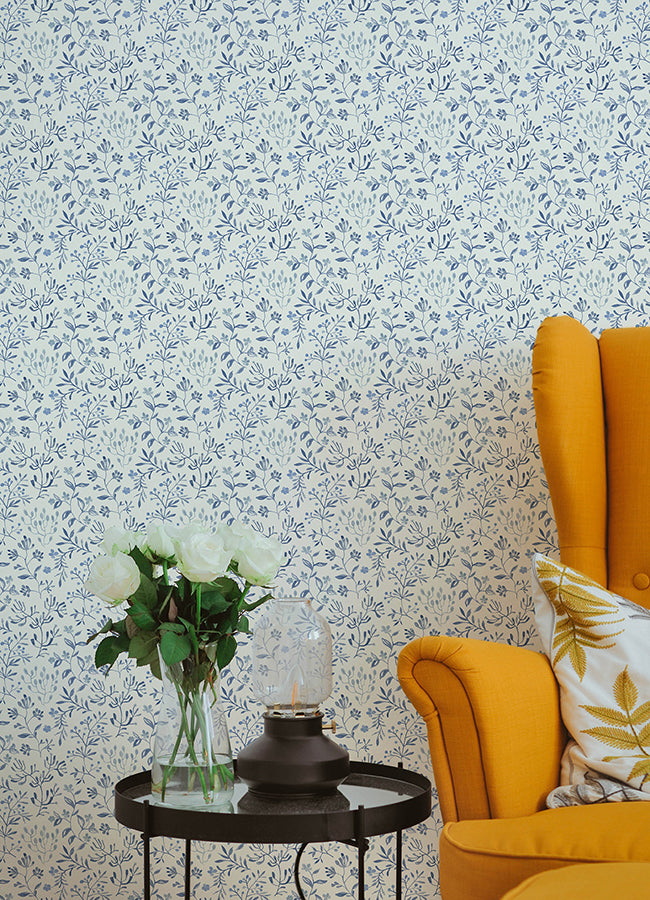 Tarragon Blue Dainty Meadow Wallpaper - Brewster Wallcovering