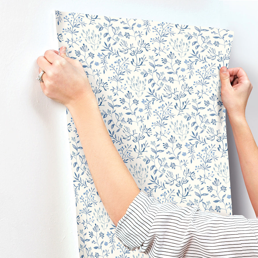 Tarragon Blue Dainty Meadow Wallpaper  | Brewster Wallcovering - The WorkRm