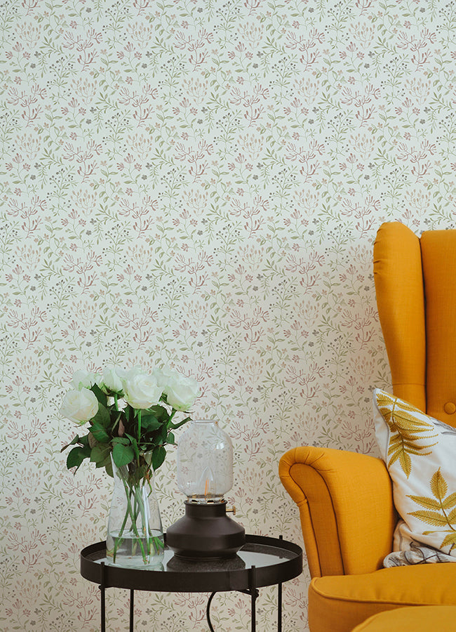 Tarragon Blush Dainty Meadow Wallpaper - Brewster Wallcovering