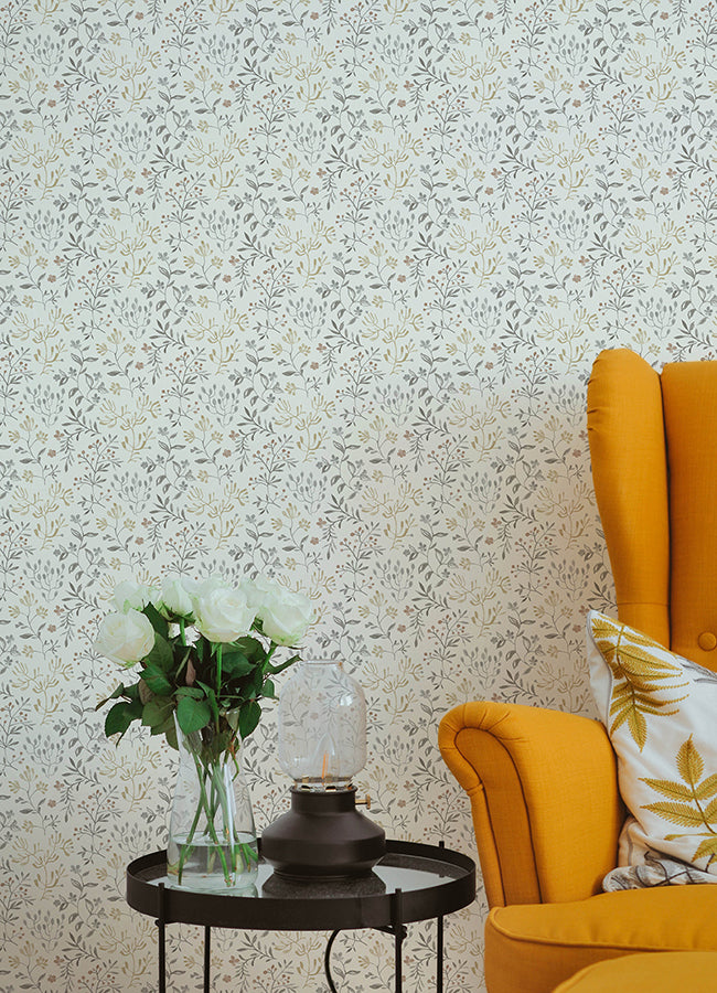 Tarragon Grey Dainty Meadow Wallpaper  | Brewster Wallcovering