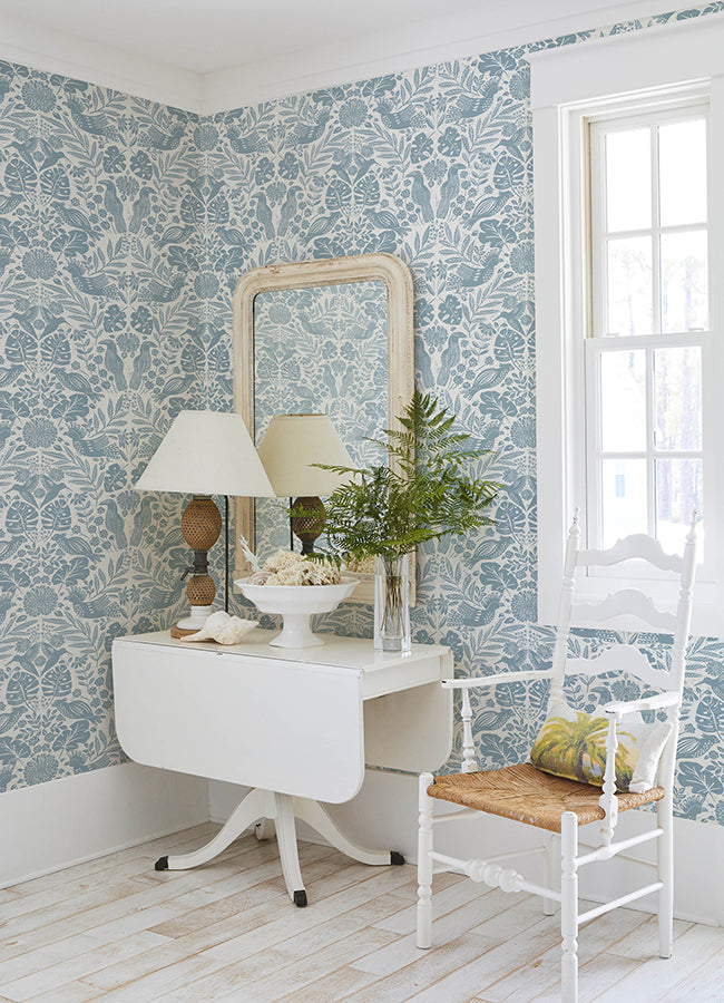 Nestle Blue Bird Block Print Wallpaper  | Brewster Wallcovering - The WorkRm