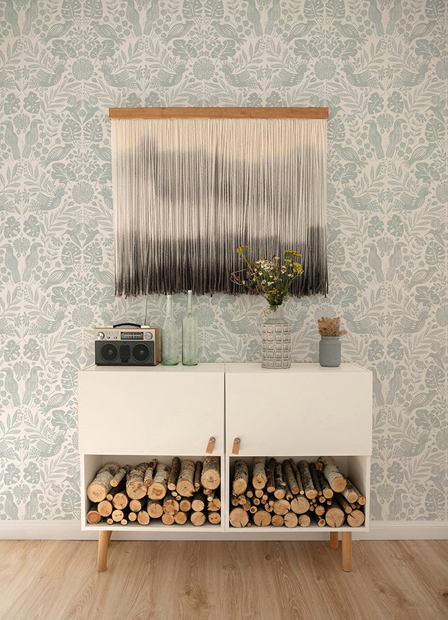 Nestle Light Grey Bird Block Print Wallpaper  | Brewster Wallcovering - The WorkRm