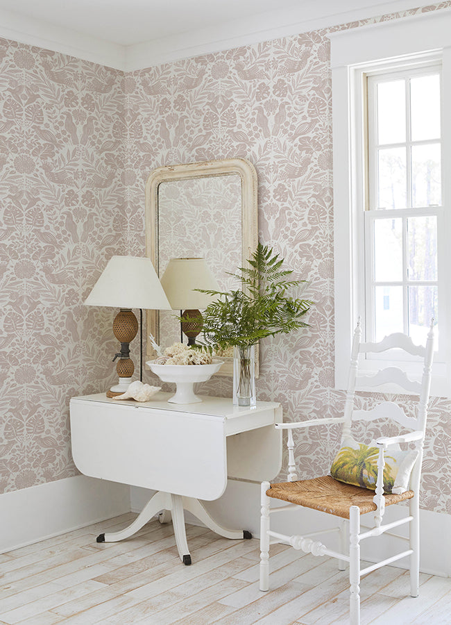 Nestle Pink Bird Block Print Wallpaper - Brewster Wallcovering