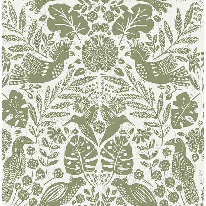 Nestle Green Bird Block Print Wallpaper - York Wallcoverings - 4122-27005