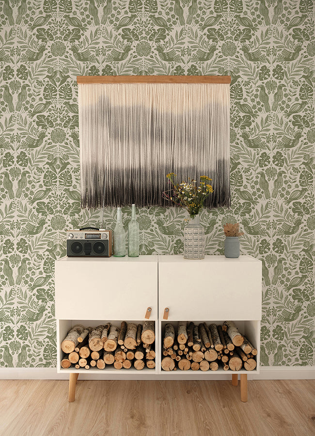 Nestle Green Bird Block Print Wallpaper - Brewster Wallcovering