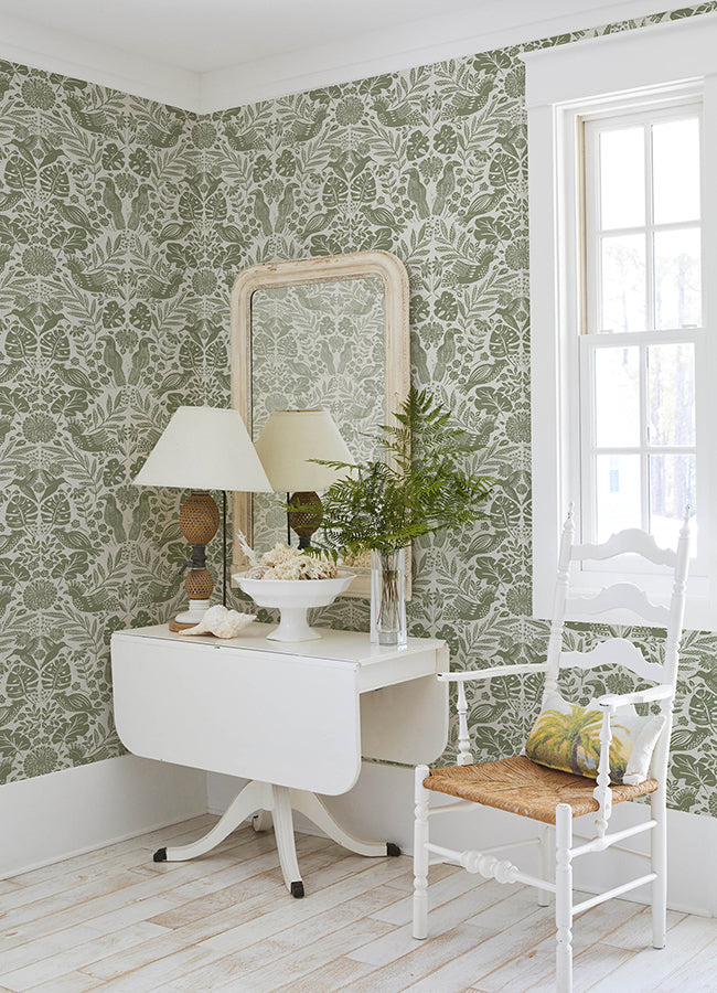 Nestle Green Bird Block Print Wallpaper  | Brewster Wallcovering - The WorkRm