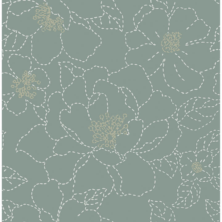 Gardena Sea Green Embroidered Floral Wallpaper - York Wallcoverings - 4122-27006 - York Wallcoverings Wallpaper
