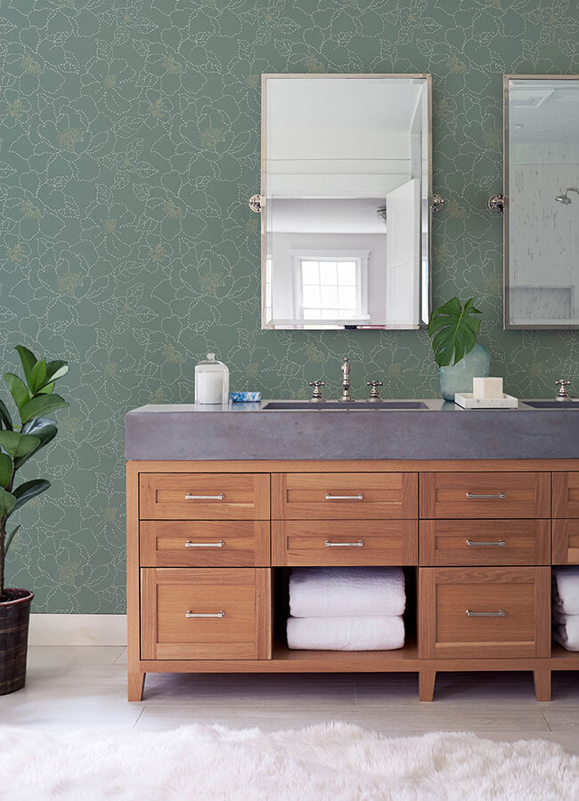 Gardena Sea Green Embroidered Floral Wallpaper - York Wallcoverings - 4122-27006 - York Wallcoverings Wallpaper