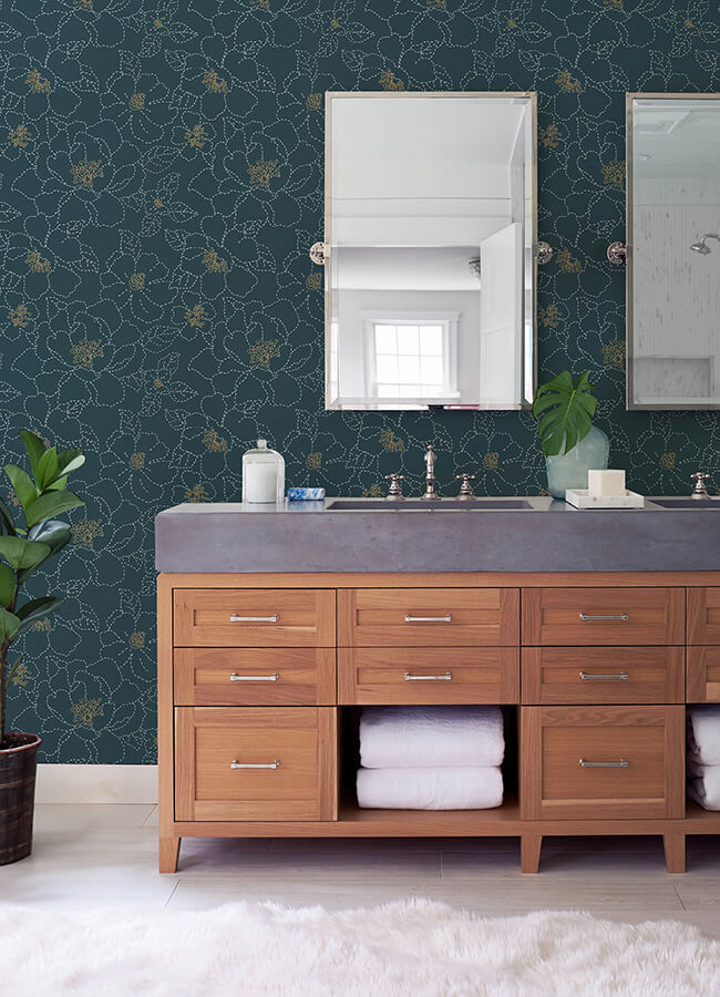 Gardena Indigo Embroidered Floral Wallpaper - York Wallcoverings - 4122-27009 - York Wallcoverings Wallpaper