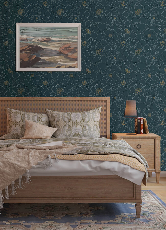 Gardena Indigo Embroidered Floral Wallpaper - York Wallcoverings - 4122-27009 - York Wallcoverings Wallpaper
