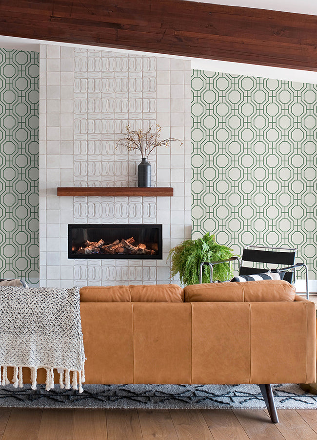 Manor Green Geometric Trellis Wallpaper  | Brewster Wallcovering - The WorkRm