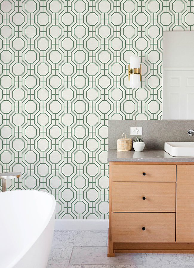 Manor Green Geometric Trellis Wallpaper - Brewster Wallcovering