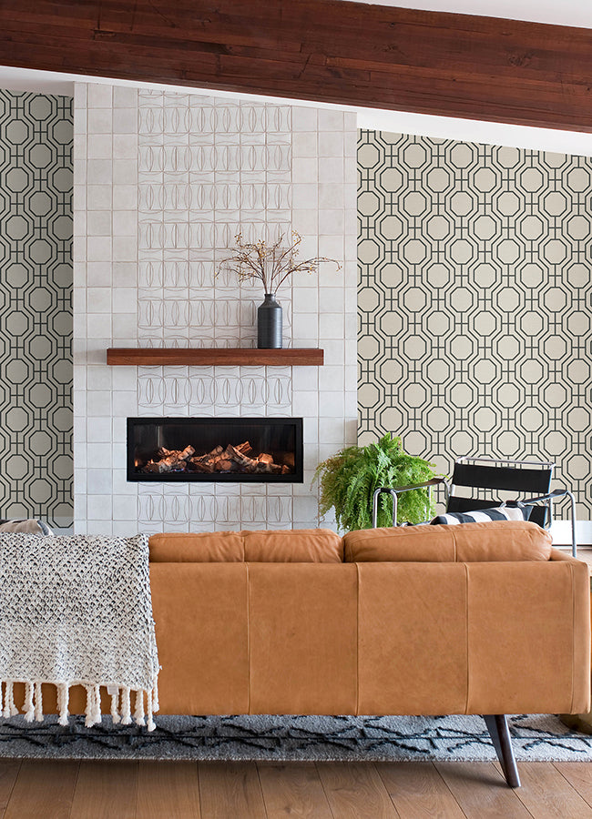 Manor Black Geometric Trellis Wallpaper - Brewster Wallcovering